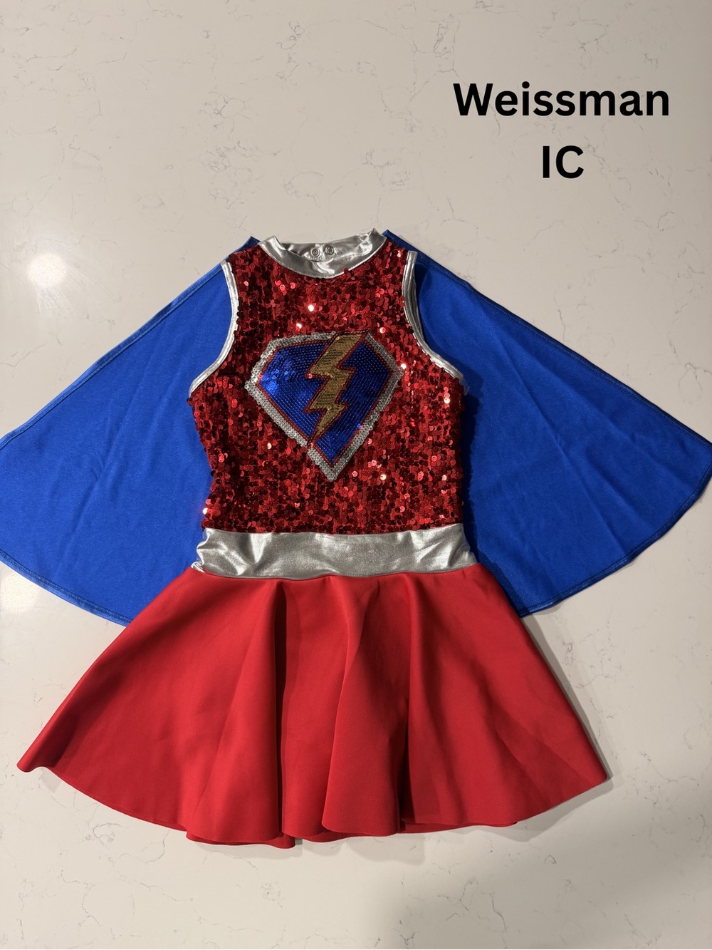 Weissman Red & Blue Sequin Superhero Dress with Silver Trim